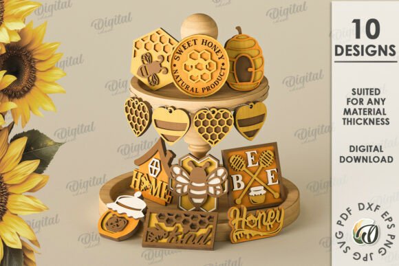 3D Bee Tiered Tray Decor Bundle: Graphics and Laser Engraving
