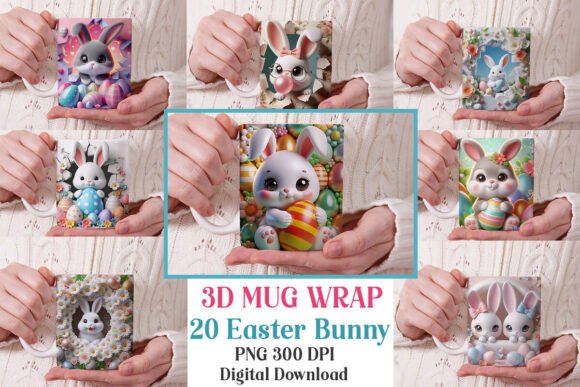 3D Cute Easter Bunny Mug Wrap PNG Bundle Graphics and Crafts