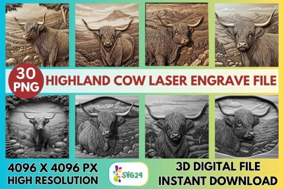 3D Highland Cow Laser Engrave File: Graphics for Rustic Branding