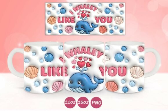 3D Inflated Valentine Whale Mug Wrap PNG Graphics