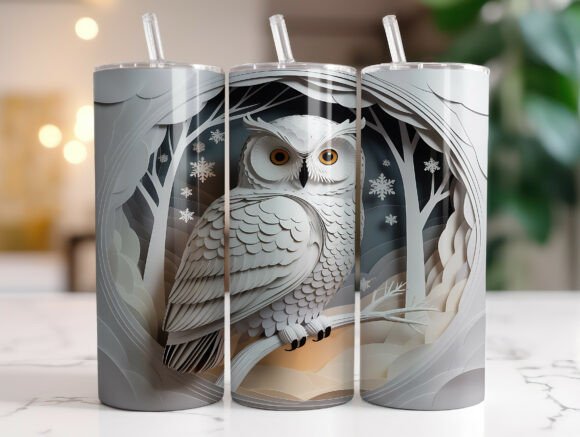 3D Paper Art Snowy Owl Winter Tumbler Graphics and Tumbler Wraps