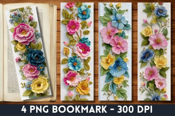 3D Pastel Peony and Rose Flower Bookmark Graphics for Crafts