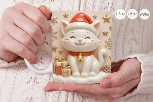3D Porcelain Effect Cat Xmas Mug Wrap