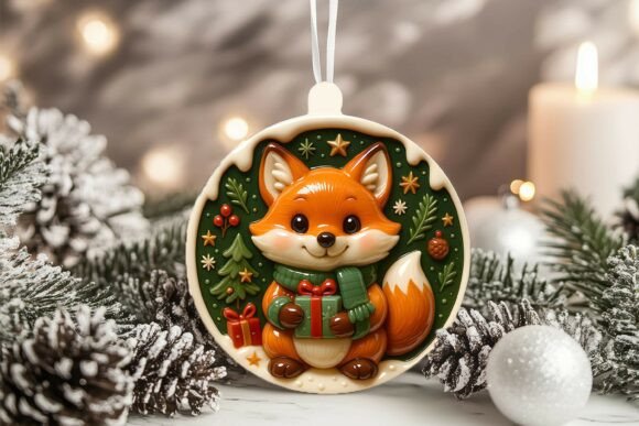 3D Porcelain Fox Christmas Ornament Graphics and Illustrations