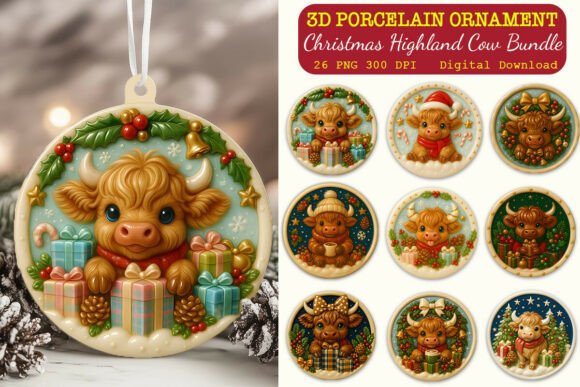 3D Porcelain Highland Cow Xmas Ornaments Graphics and Illustrations