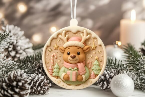 3D Porcelain Reindeer Christmas Ornament Graphics and Illustrations