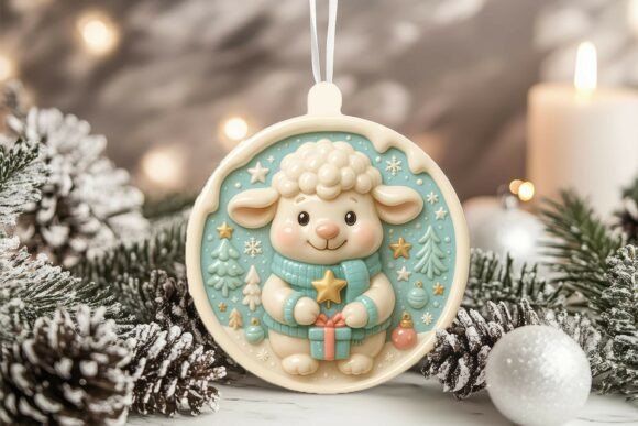 3D Porcelain Sheep Christmas Ornament Graphics and Illustrations