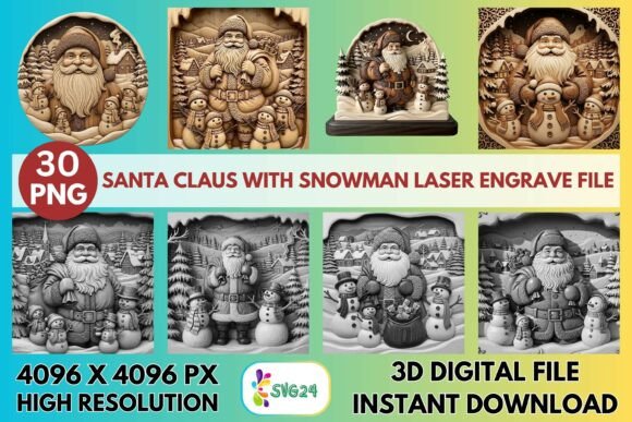 3D Santa Claus with Snowman Laser File Graphics