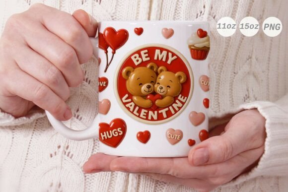 3D Valentine Bear Couple Mug Wrap PNG Graphics for Crafts