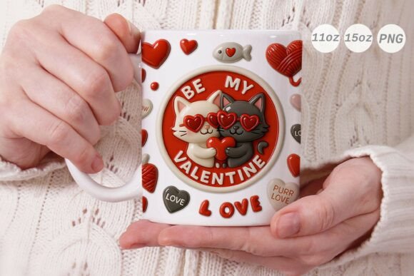 3D Valentine Cat Couple Mug Wrap PNG