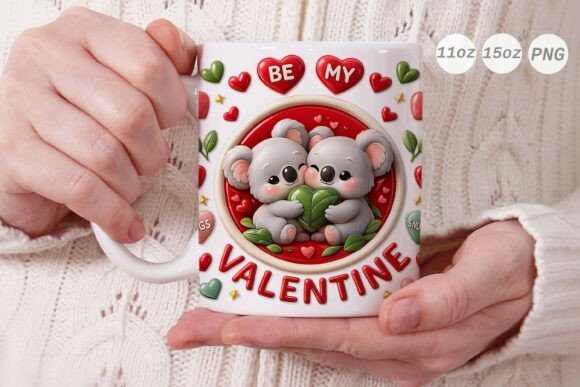 3D Valentine Koala Couple Mug Wrap PNG Graphics and Crafts