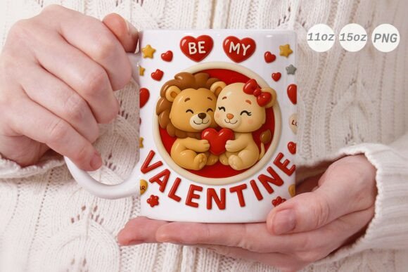3D Valentine Lion Couple Mug Wrap PNG