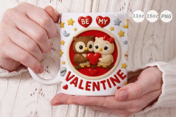 3D Valentine Owl Couple Mug Wrap PNG
