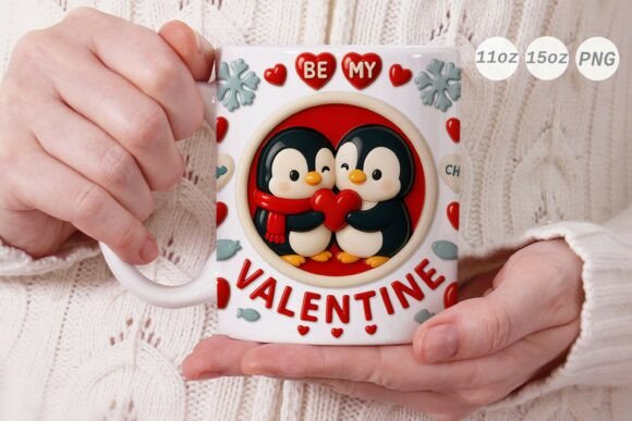 3D Valentine Penguin Couple Mug Wrap PNG Graphics