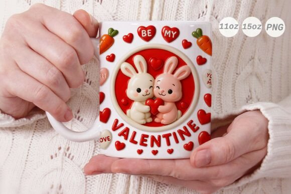3D Valentine Rabbit Couple Mug Wrap PNG