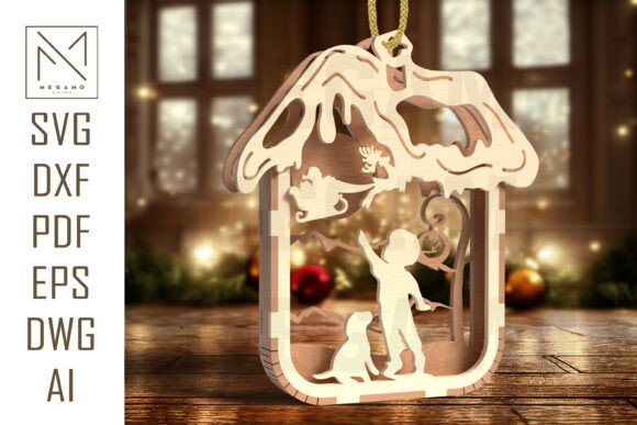 Boy with Dog Christmas Ornament SVG Laser Cutting Winter Amp