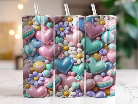 Cute 3D Pastel Hearts 20oz Tumbler Wrap Graphics and Tumbler Wraps